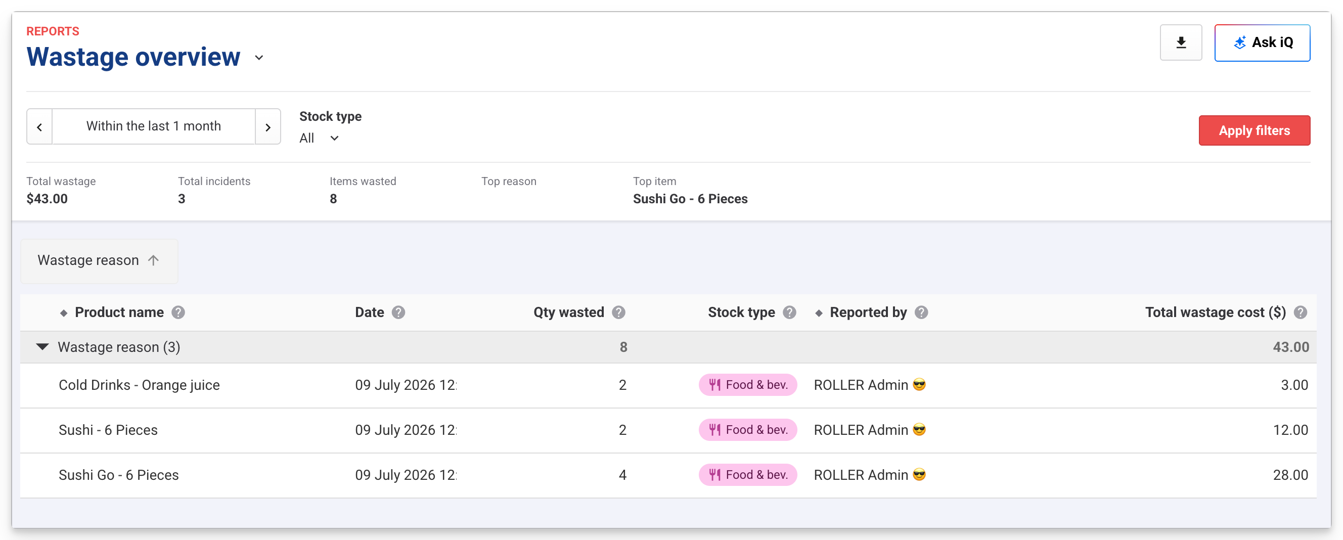 Wastage overview report showing total costs and items wasted for specific products.